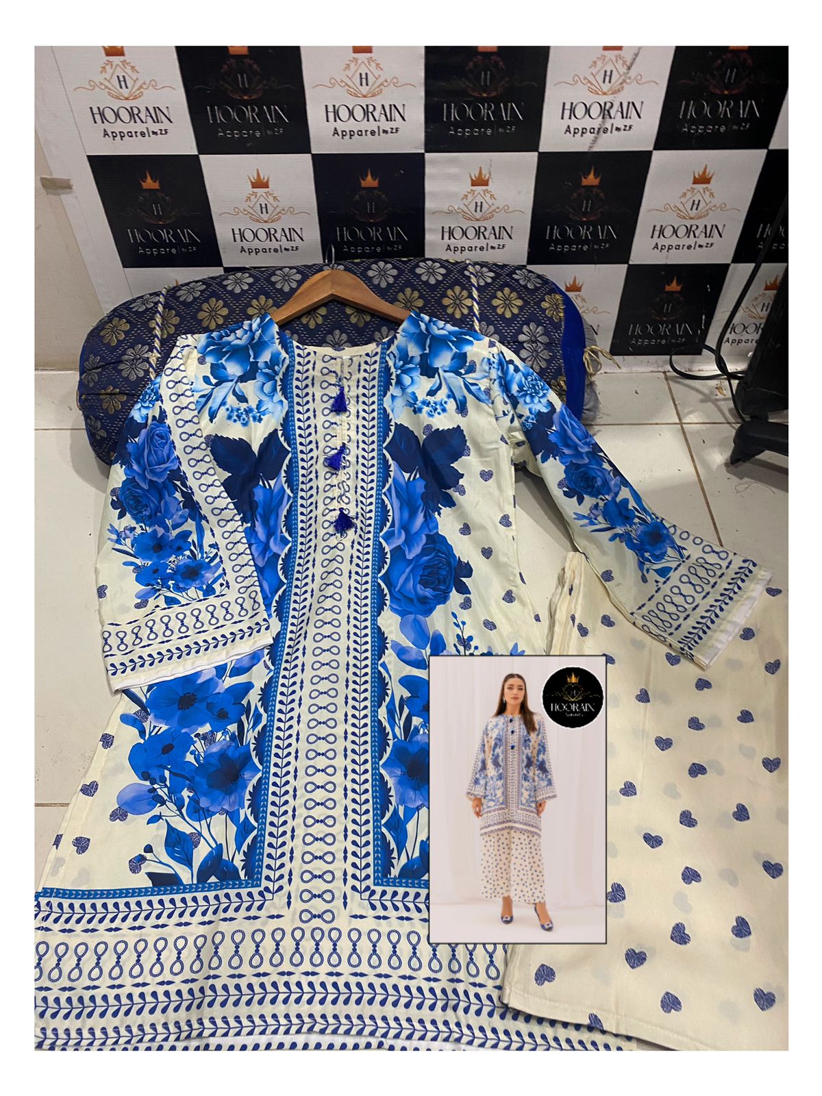 Royal Blue Bloom: Elegantly Embroidered Lawn Suit with Floral Detailing