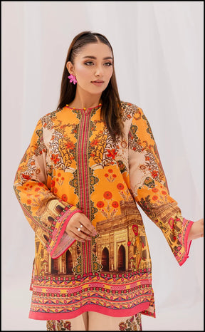 Vibrant Orange Floral & Architectural Print Lawn Suit