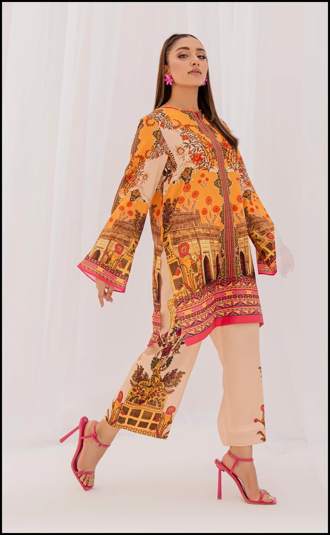 Vibrant Orange Floral & Architectural Print Lawn Suit