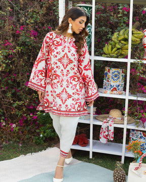 Elegant Red & White Floral Embroidered Kurti Set