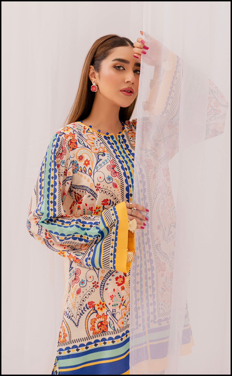 Radiant Reverie - Vibrant Printed Two-Piece Lawn Suit in Orange, Blue, & Yellow