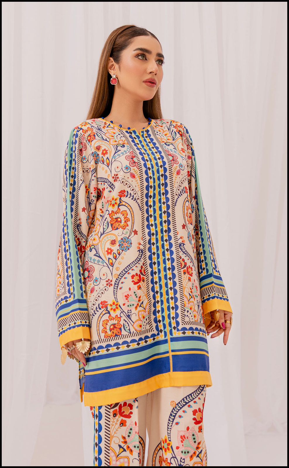 Radiant Reverie - Vibrant Printed Two-Piece Lawn Suit in Orange, Blue, & Yellow