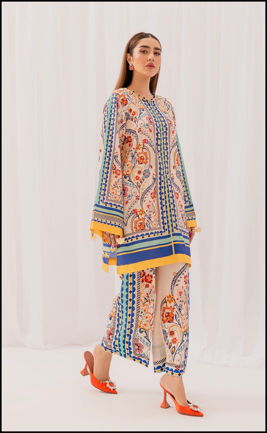 Radiant Reverie - Vibrant Printed Two-Piece Lawn Suit in Orange, Blue, & Yellow