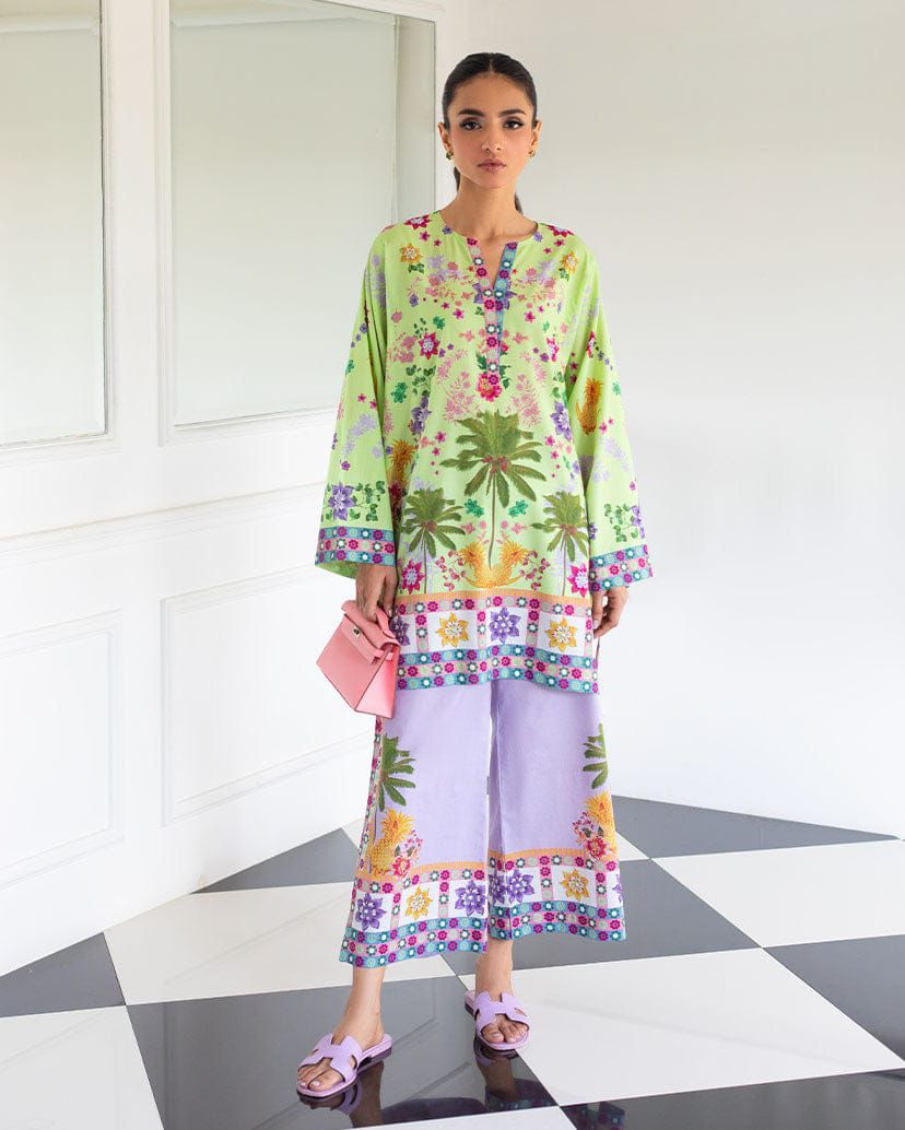 Vibrant Floral Print Lawn Kurta - Lime Green